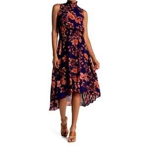 Nanette Lepore Smocked High Neck Navy Floral Hi Lo Midi Sleeveless Dress